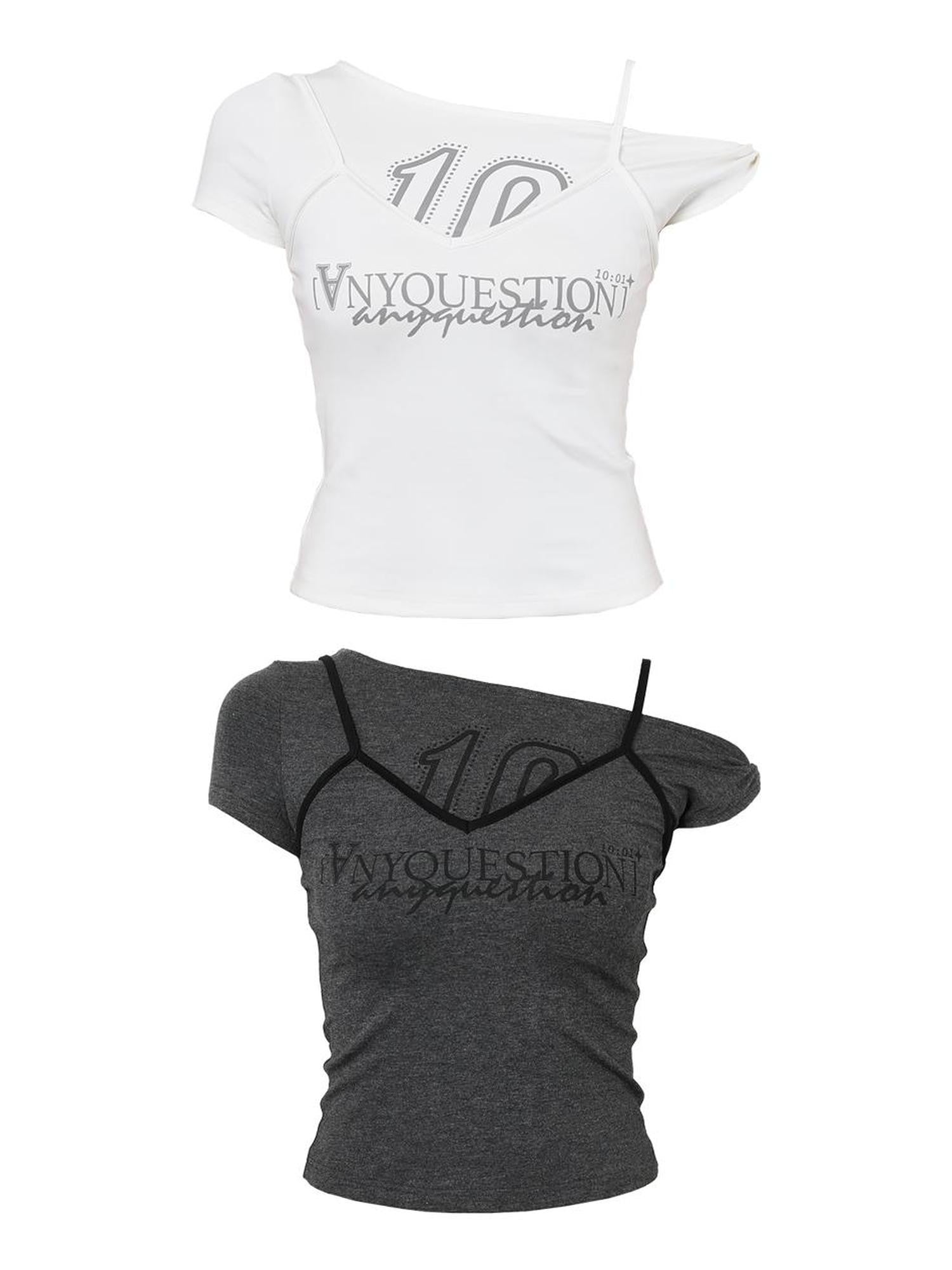ANYQUESTION Spliced Faux Halter Twisted Crop Letter Women&