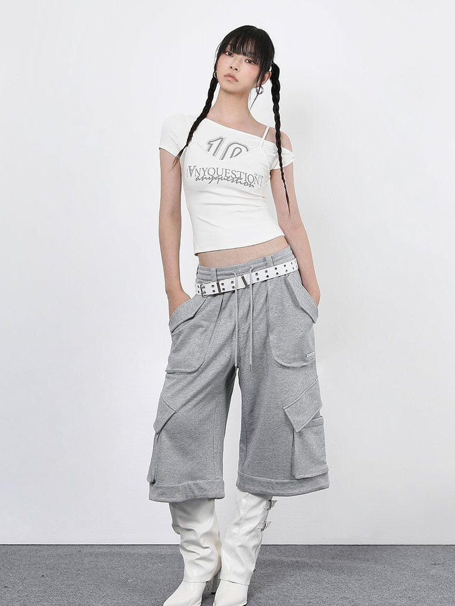 ANYQUESTION Spliced Faux Halter Twisted Crop Letter Women&