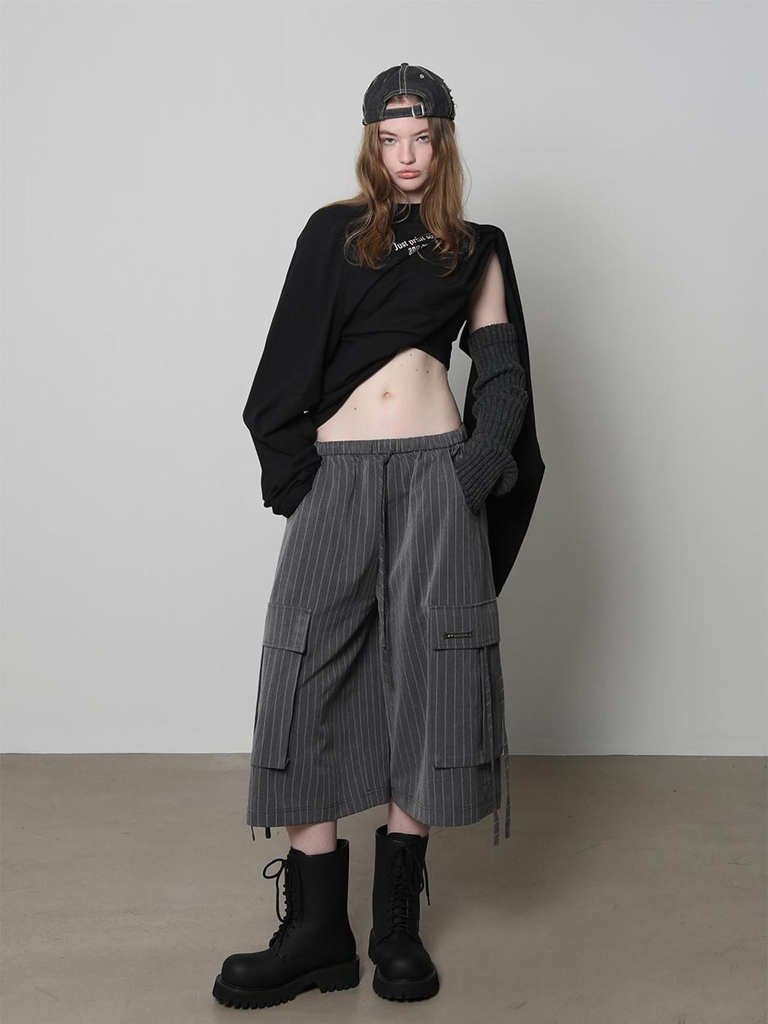Striped Elastic Waist Pocket Women&