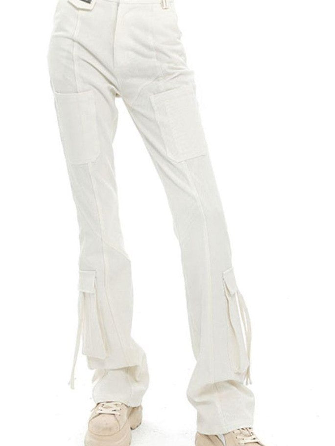 ANYQUESTION Three Tone High Waist Ribbon Tie Cargo Leg Slimming Women&