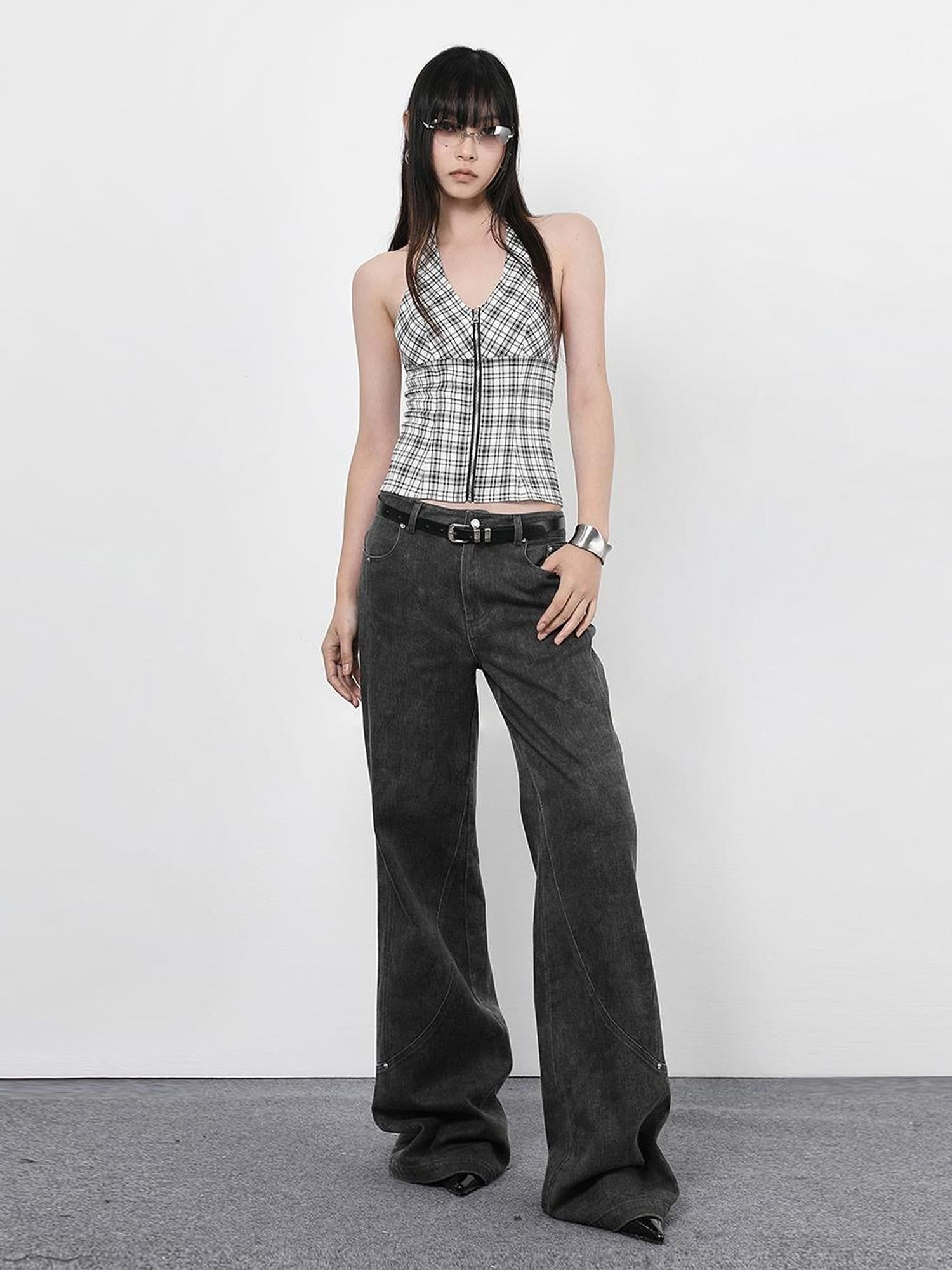 ANYQUESTION Vintage Dark Gray Distressed Split Stud Pocket Women&
