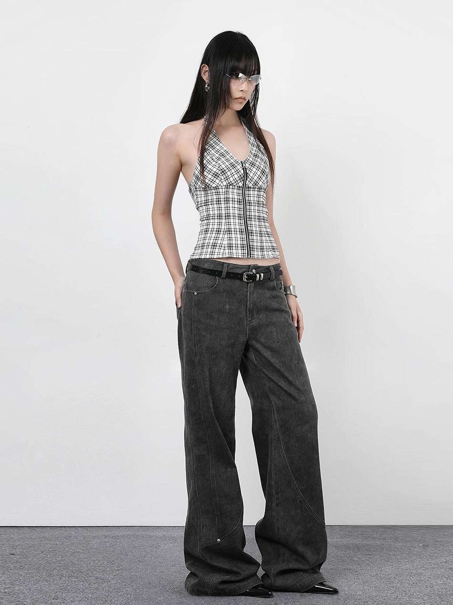 ANYQUESTION Vintage Dark Gray Distressed Split Stud Pocket Women&
