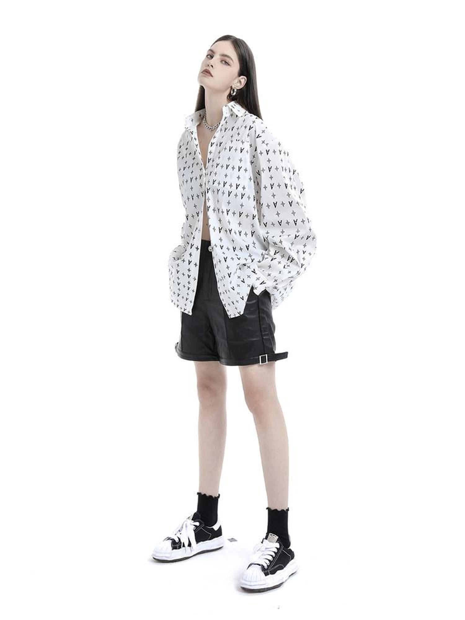 ANYQUESTION White Allover Letter Print Oversized Long Sleeve Casual Women&