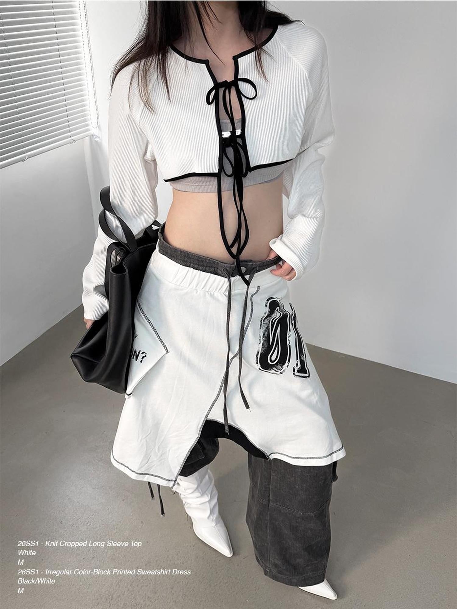 ANYQUESTION White Piped Tie Front Ribbed Raglan Knit Short Women&