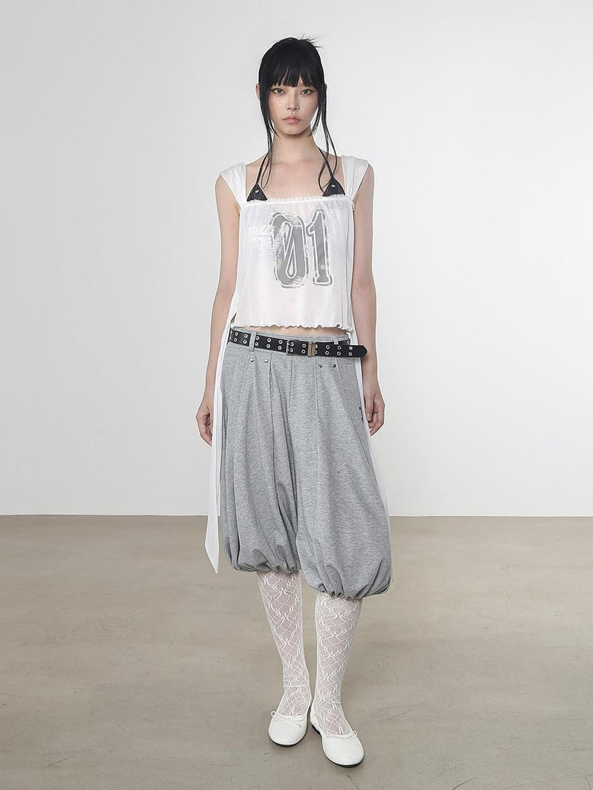 ANYQUESTION White Semi Sheer Printed Tie Front Loose Sleeveless Women&