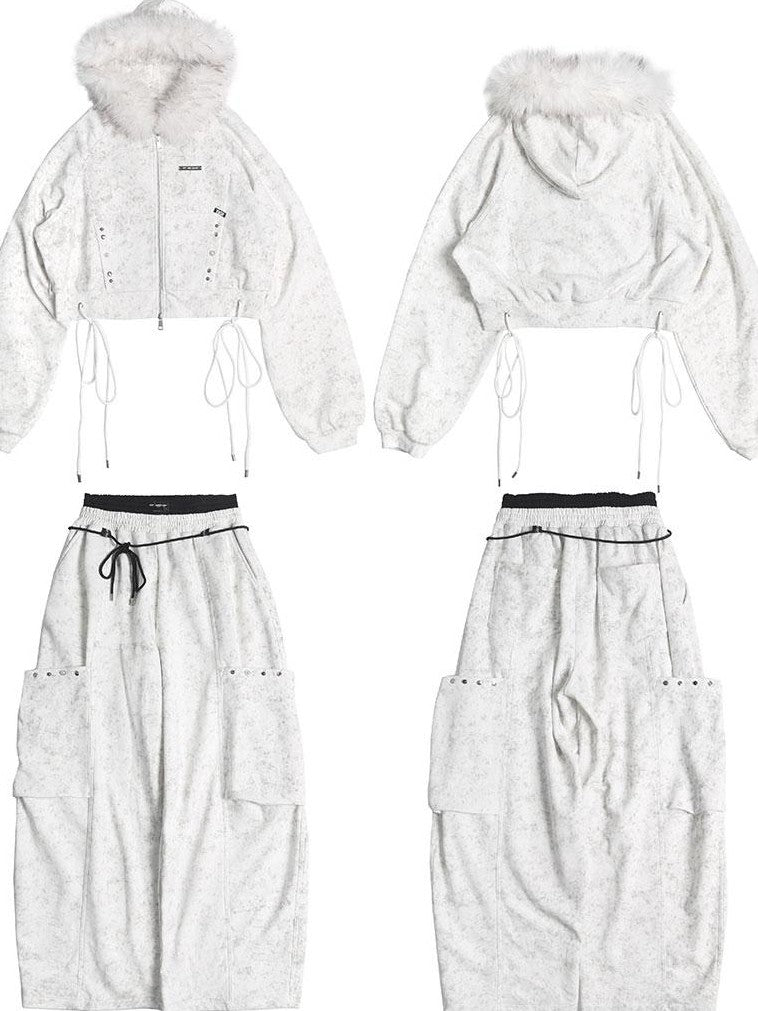 ANYQUESTION White Wax Dye Studded Cropped Detachable Fur Hood Women&