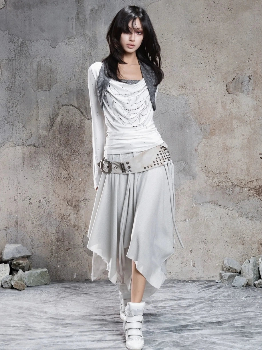 ARIADNAw Asymmetric Cowl Neck Beaded Knit Top Cardigan