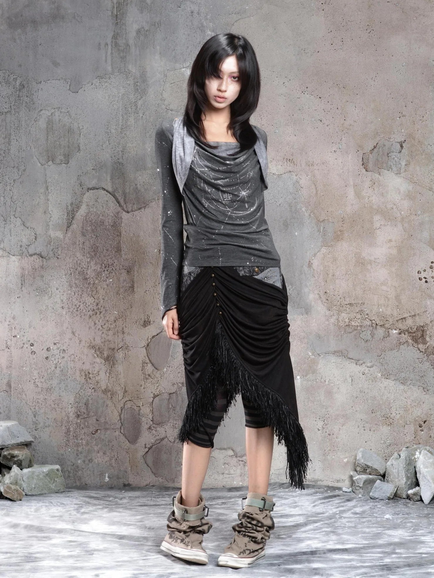 ARIADNAw Asymmetric Cowl Neck Beaded Knit Top Cardigan