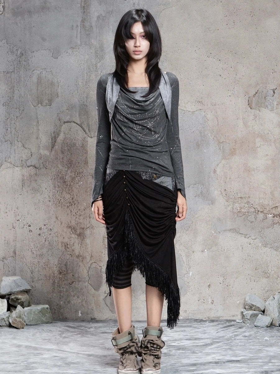 ARIADNAw Asymmetric Cowl Neck Beaded Knit Top Cardigan