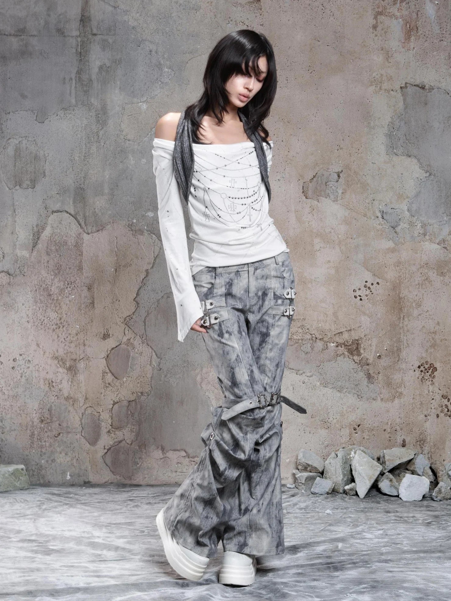 ARIADNAw Asymmetric Cowl Neck Beaded Knit Top Cardigan