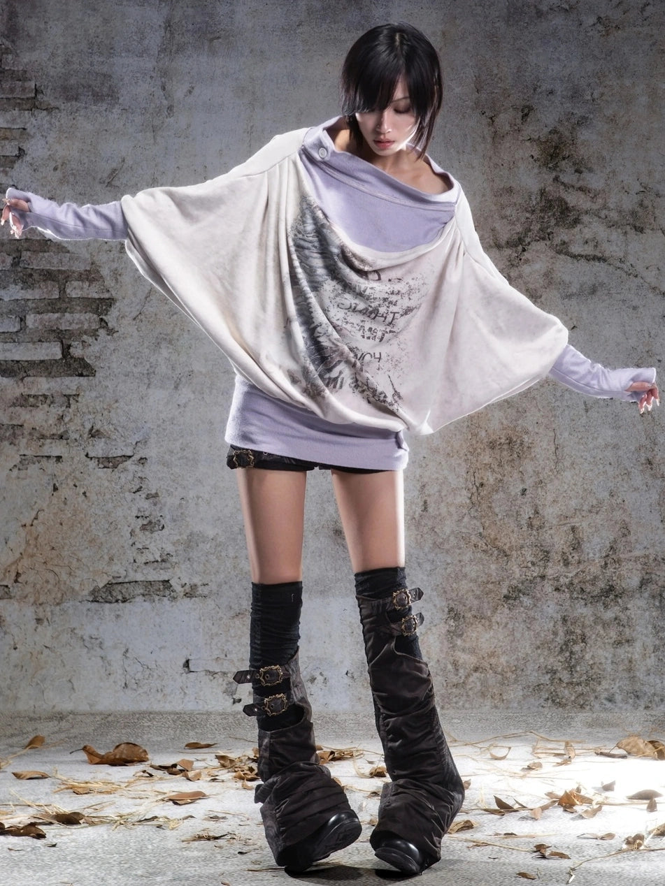 ARIADNAw Batwing Sleeve Printed Top Hoodies/Sweatshirt