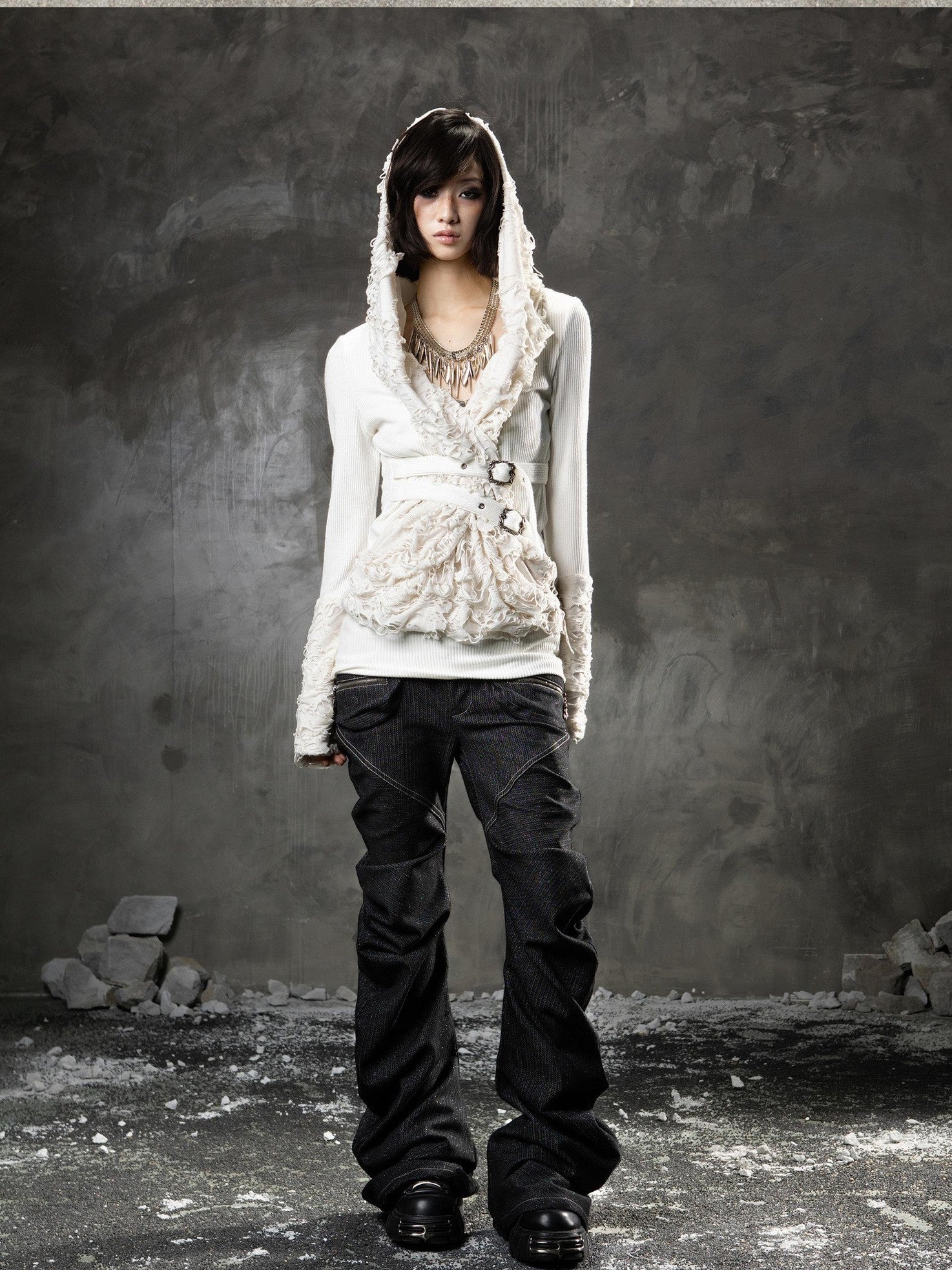 ARIADNAw Black Denim Punk Double Waistband Curved Stacked Texture Women&