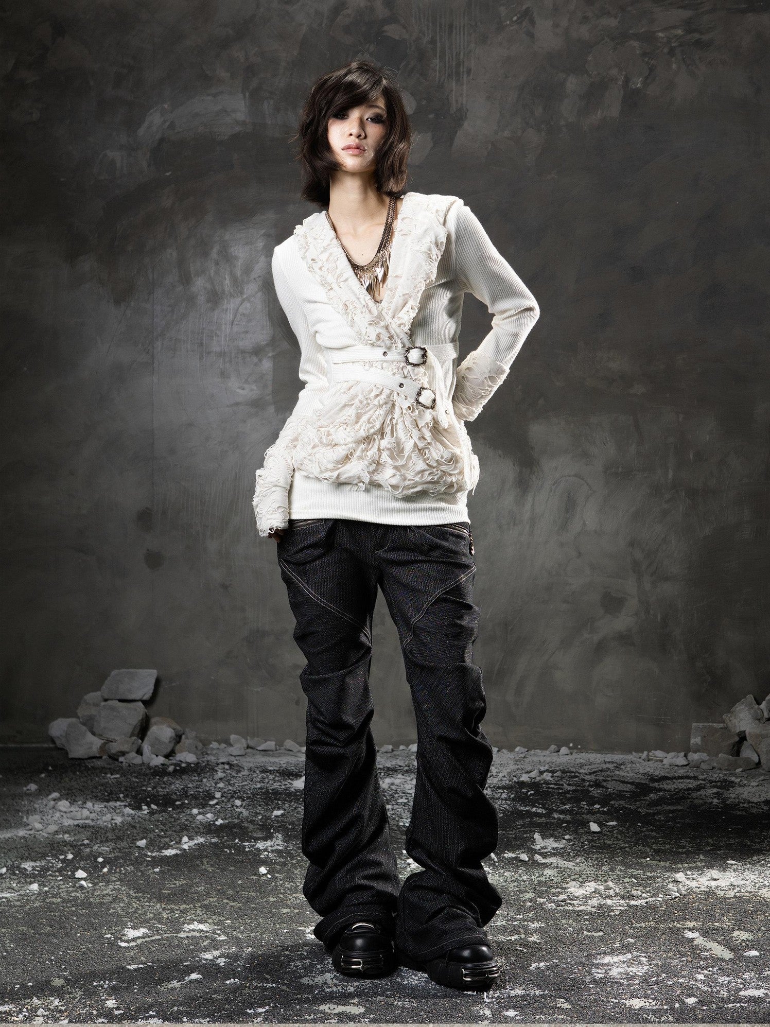ARIADNAw Black Denim Punk Double Waistband Curved Stacked Texture Women&