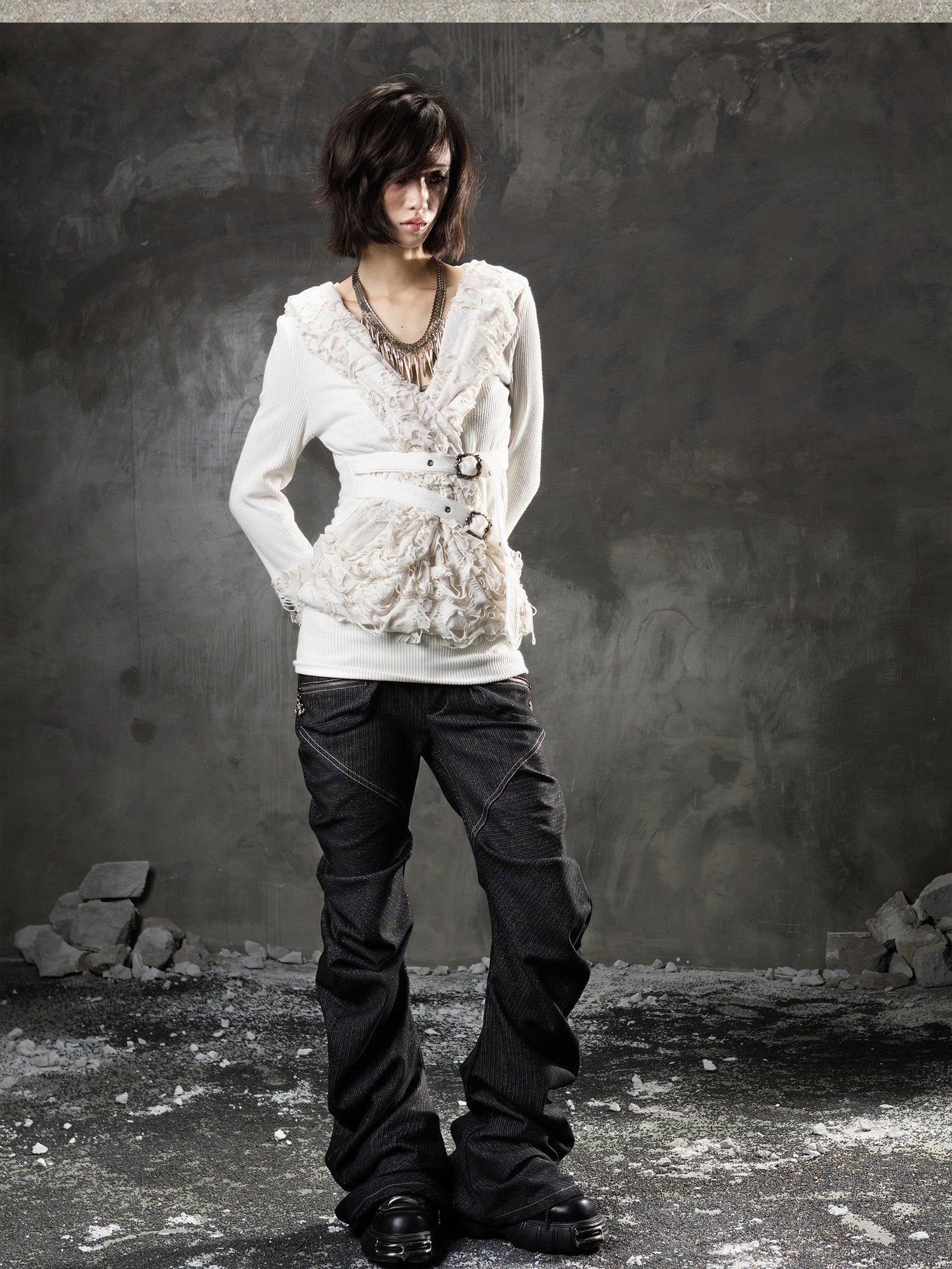 ARIADNAw Black Denim Punk Double Waistband Curved Stacked Texture Women&