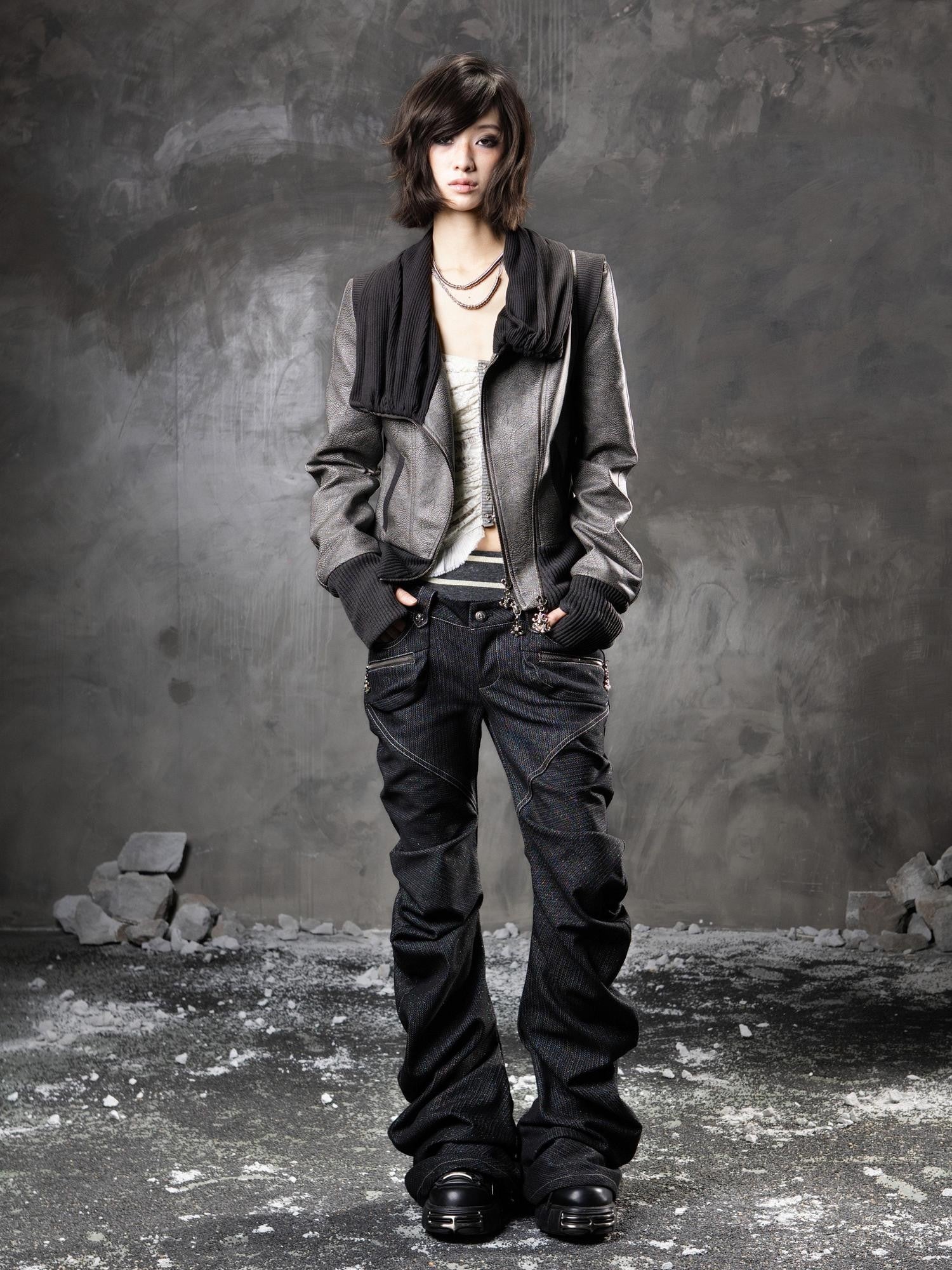 ARIADNAw Black Denim Punk Double Waistband Curved Stacked Texture Women&
