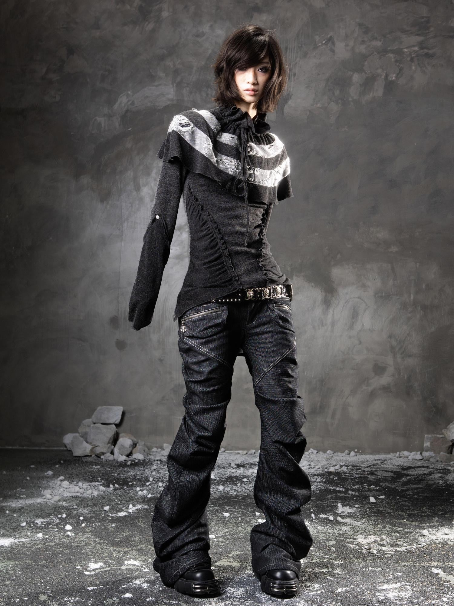 ARIADNAw Black Denim Punk Double Waistband Curved Stacked Texture Women&