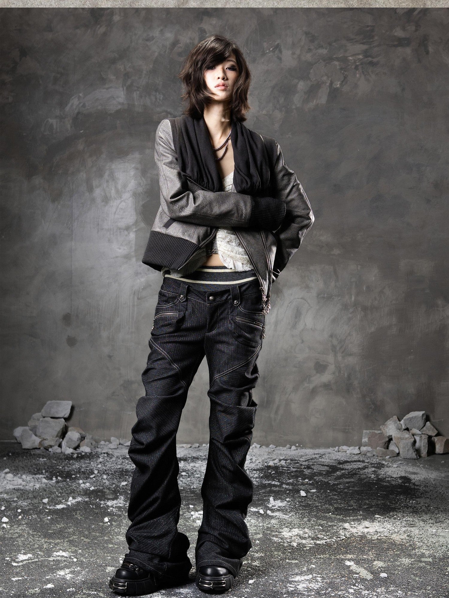 ARIADNAw Black Denim Punk Double Waistband Curved Stacked Texture Women&