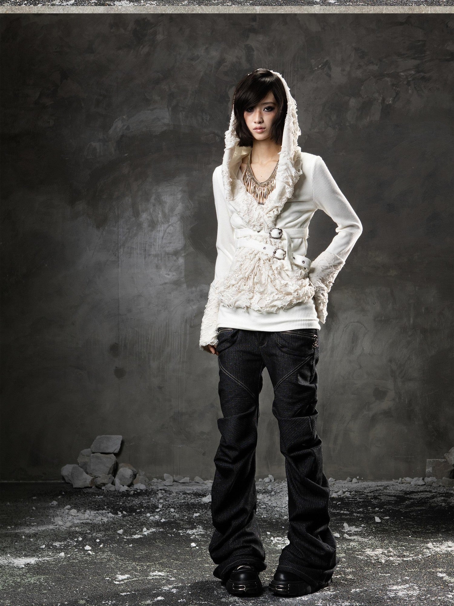 ARIADNAw Black Denim Punk Double Waistband Curved Stacked Texture Women&