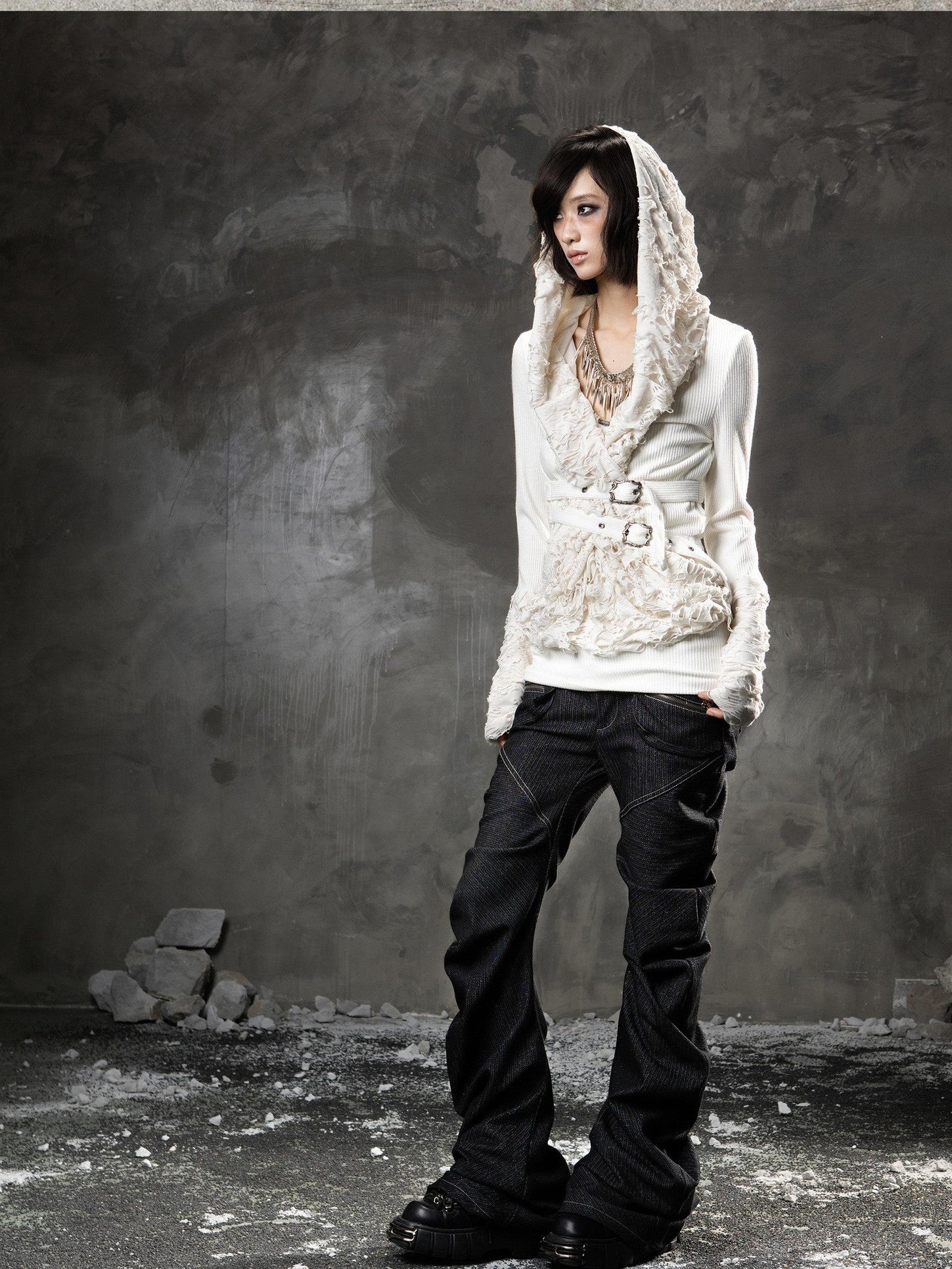 ARIADNAw Black Denim Punk Double Waistband Curved Stacked Texture Women&