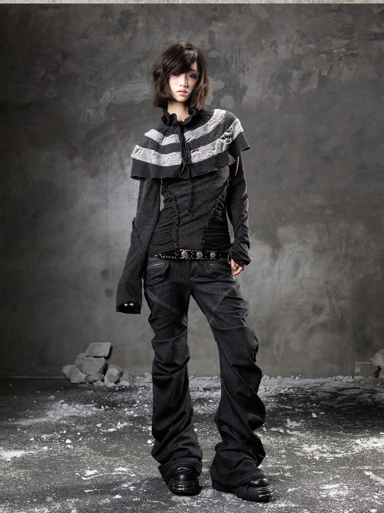 ARIADNAw Black Denim Punk Double Waistband Curved Stacked Texture Women&