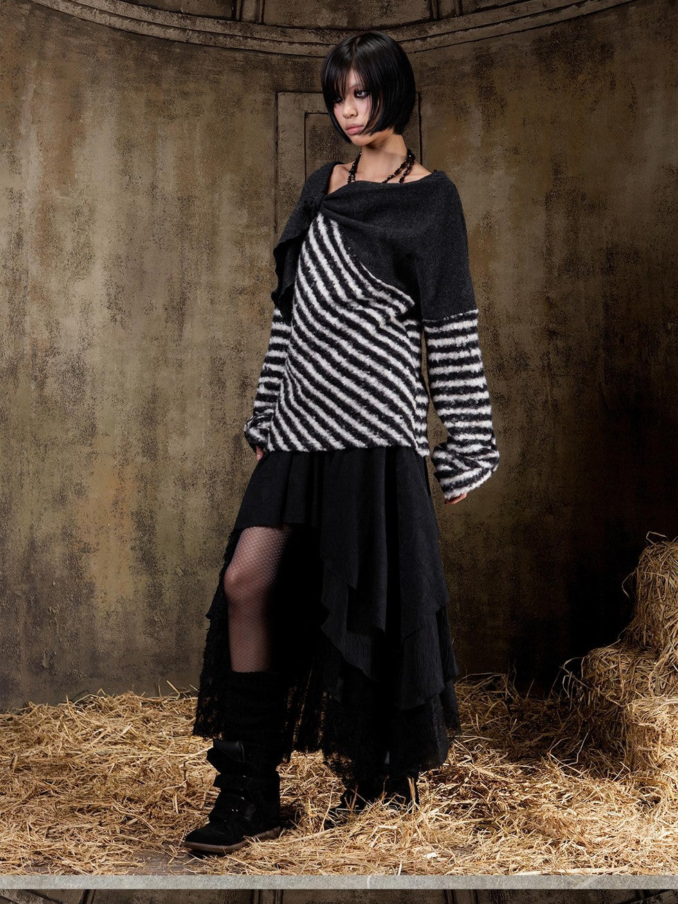 ARIADNAw Contrast Stripe Off Shoulder Punk Women&