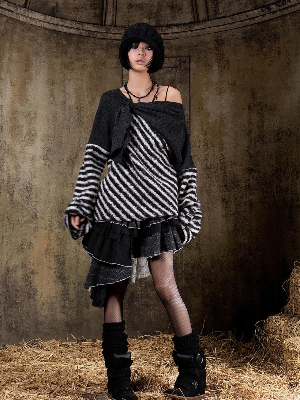 ARIADNAw Contrast Stripe Off Shoulder Punk Women&