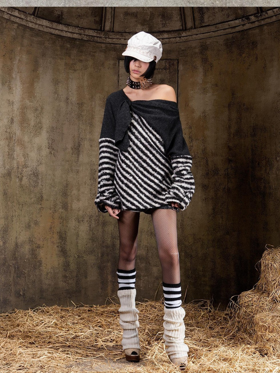 ARIADNAw Contrast Stripe Off Shoulder Punk Women&