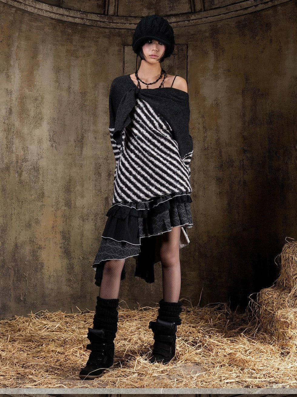 ARIADNAw Contrast Stripe Off Shoulder Punk Women&