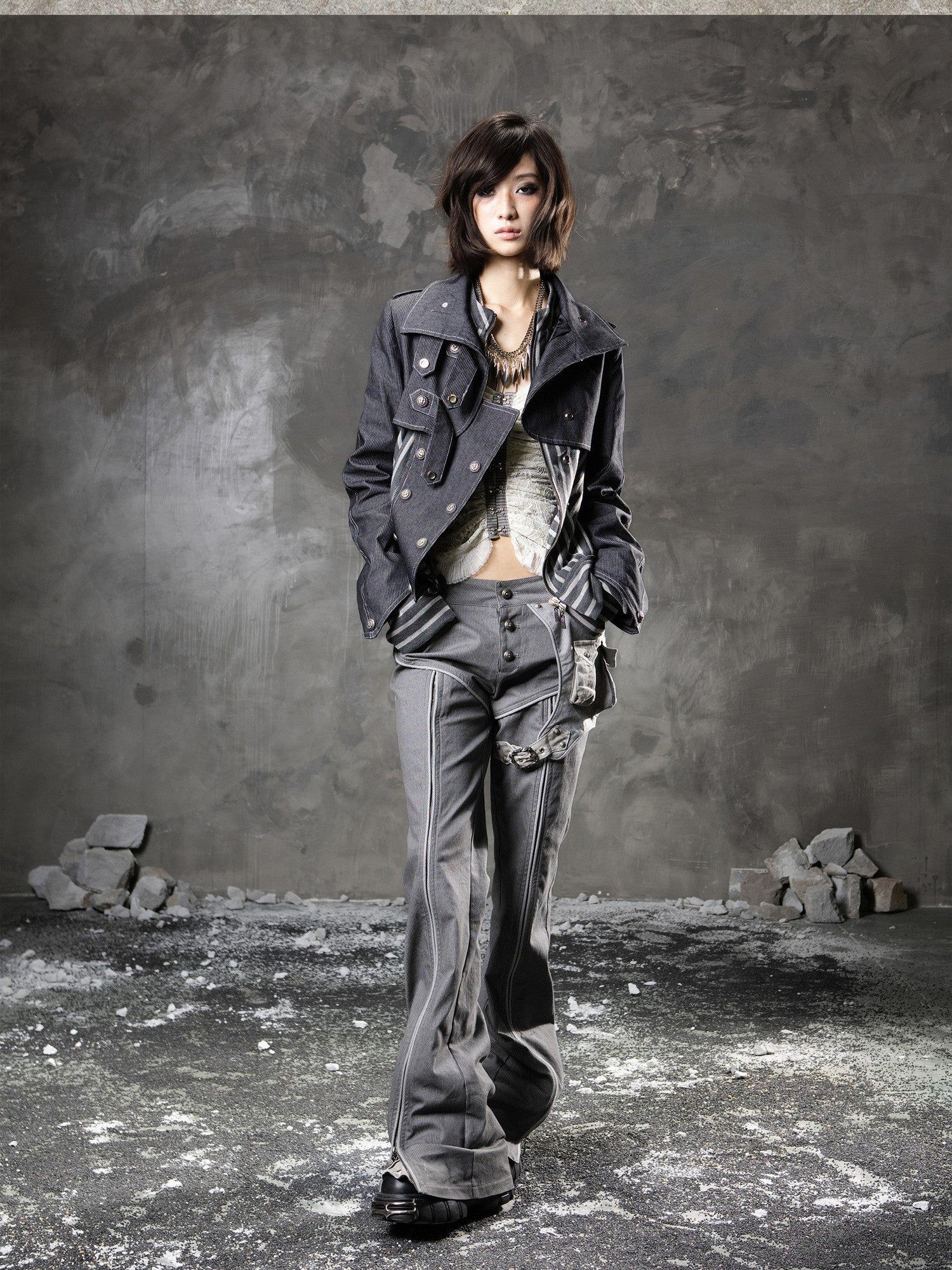 ARIADNAw Denim Blue Asymmetrical Striped Patchwork Original Design Women&