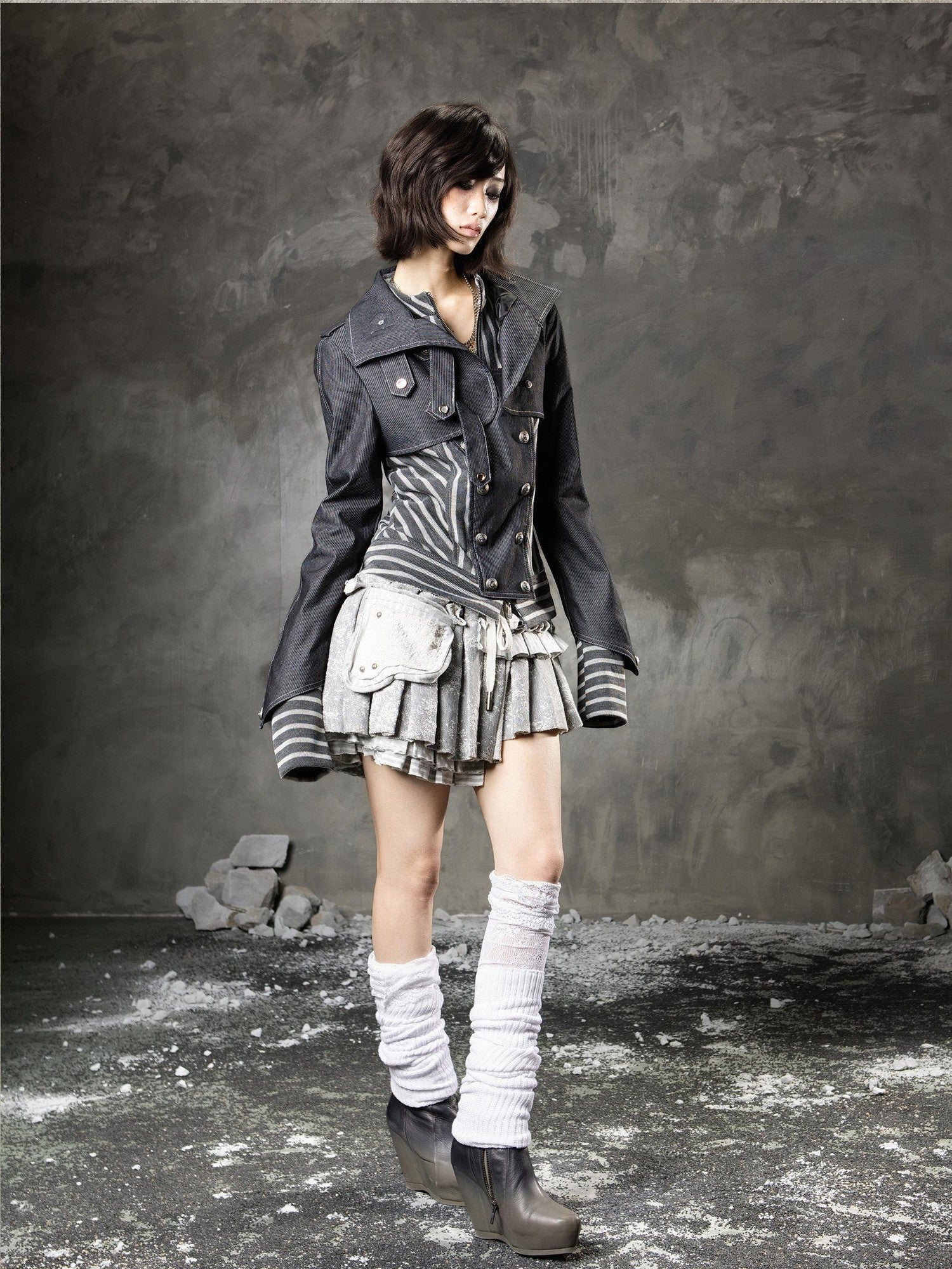 ARIADNAw Denim Blue Asymmetrical Striped Patchwork Original Design Women&