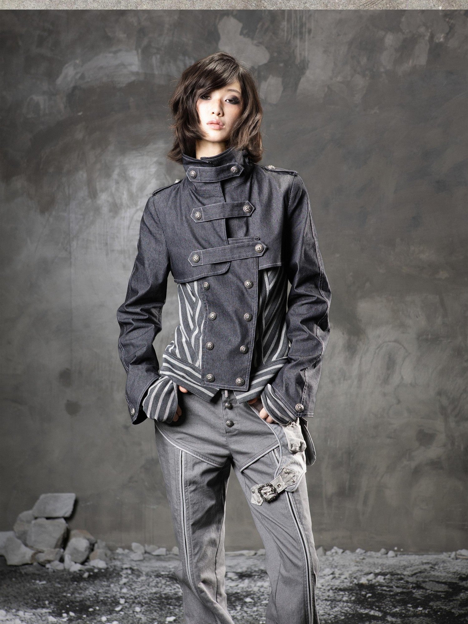 ARIADNAw Denim Blue Asymmetrical Striped Patchwork Original Design Women&