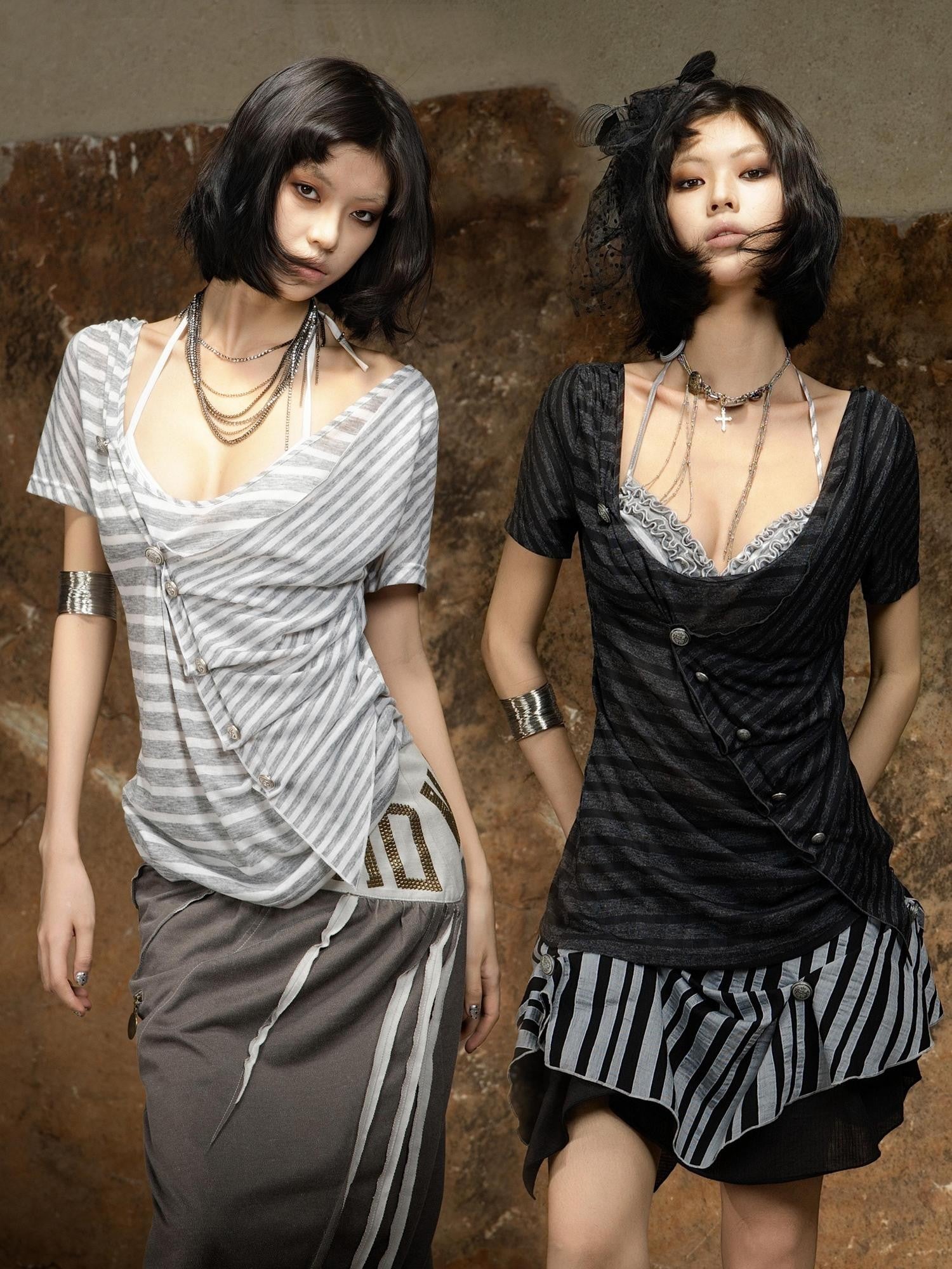 ARIADNAw Edgy Asymmetric Punk Striped Slim Knit Round Neck Short Sleeve T-Shirts