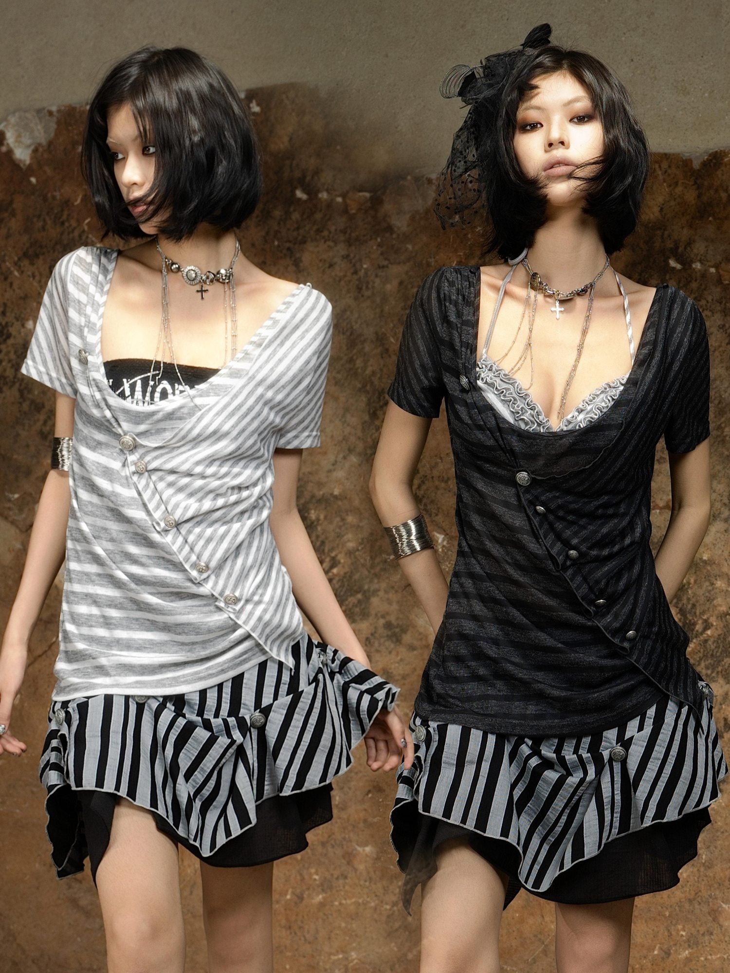 ARIADNAw Edgy Asymmetric Punk Striped Slim Knit Round Neck Short Sleeve T-Shirts