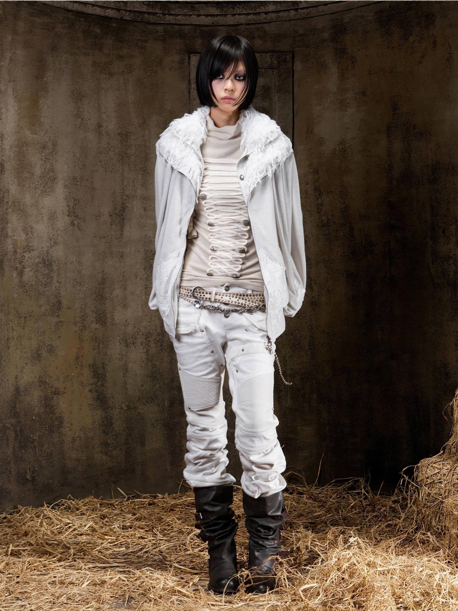 ARIADNAw Edgy Low Rise Straight Leg Stitched Patchwork Womens Punk Two Tone Pants