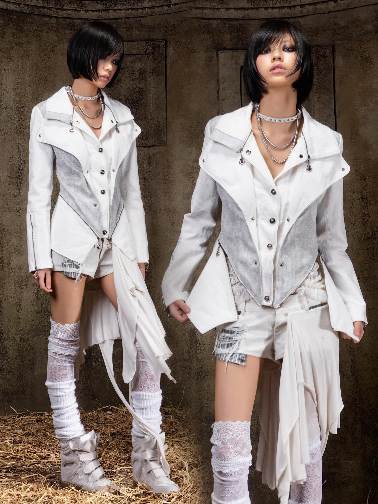 ARIADNAw Edgy Punk Slim Fit Faux Layered Button Front Women White Long Sleeve Jacket