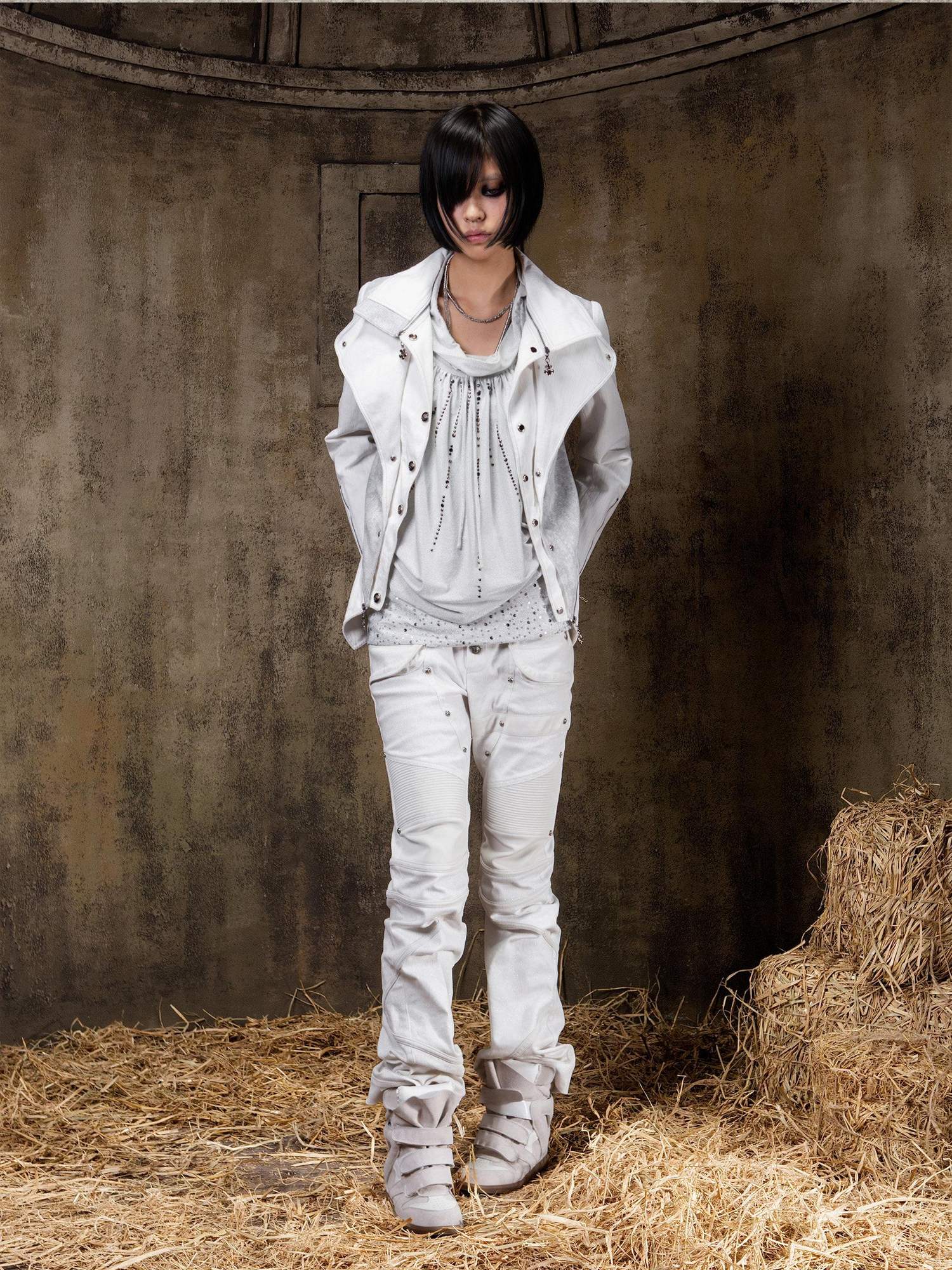 ARIADNAw Edgy Punk Slim Fit Faux Layered Button Front Women White Long Sleeve Jacket