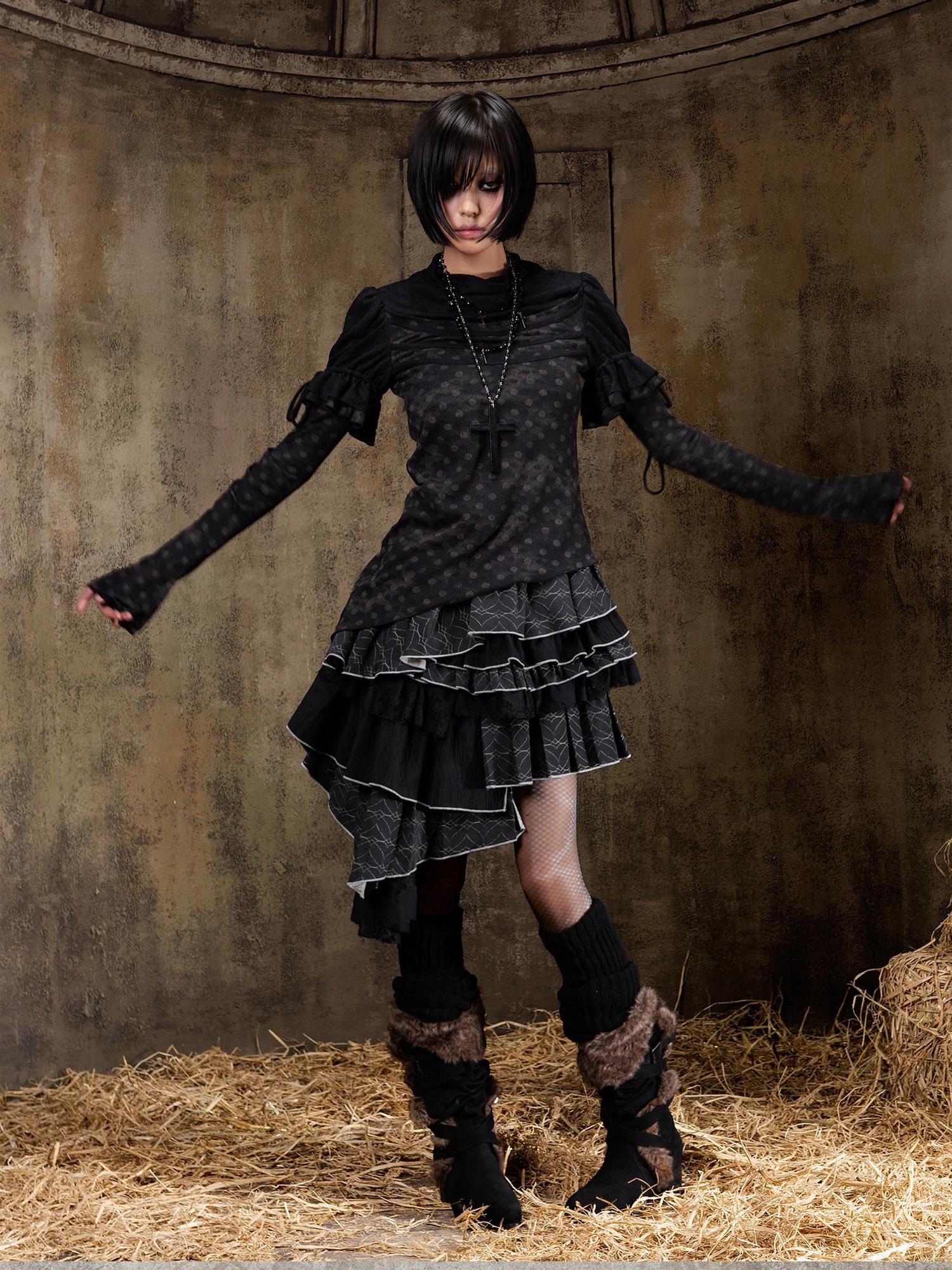 ARIADNAw Elegant Court Style Faux Two Piece Long Sleeve Pullover Women Beige Black T-Shirt