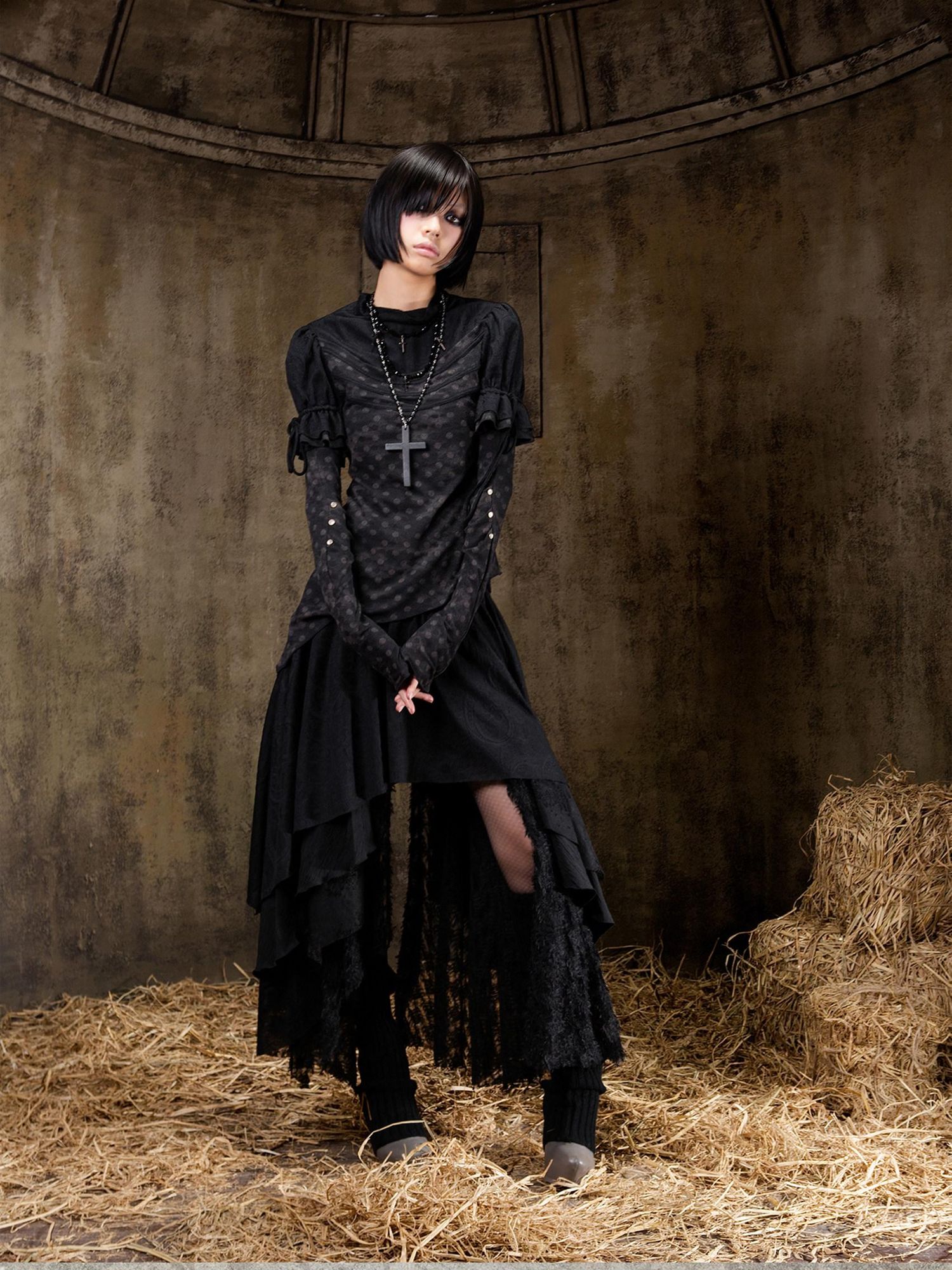 ARIADNAw Elegant Court Style Faux Two Piece Long Sleeve Pullover Women Beige Black T-Shirt