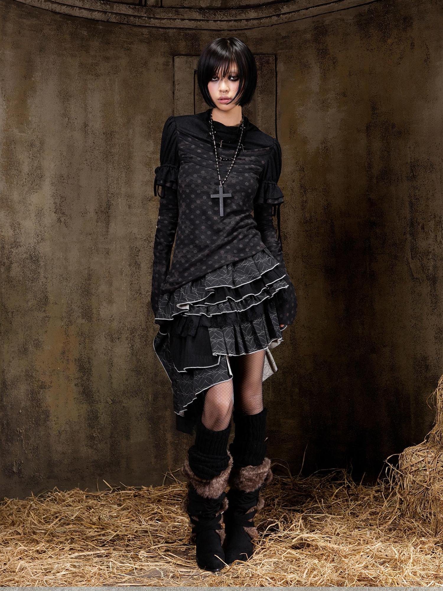 ARIADNAw Elegant Court Style Faux Two Piece Long Sleeve Pullover Women Beige Black T-Shirt