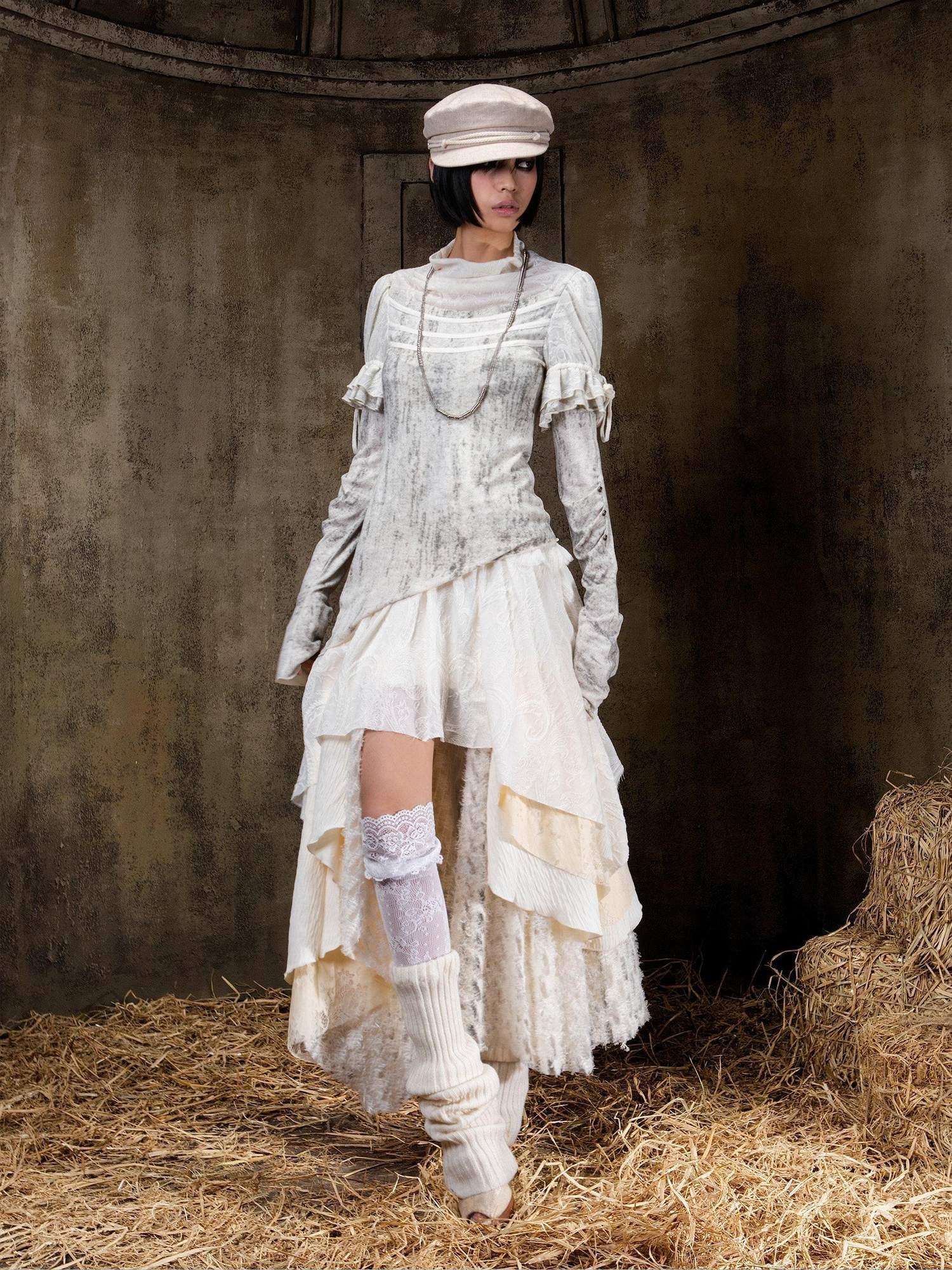 ARIADNAw Elegant Court Style Faux Two Piece Long Sleeve Pullover Women Beige Black T-Shirt