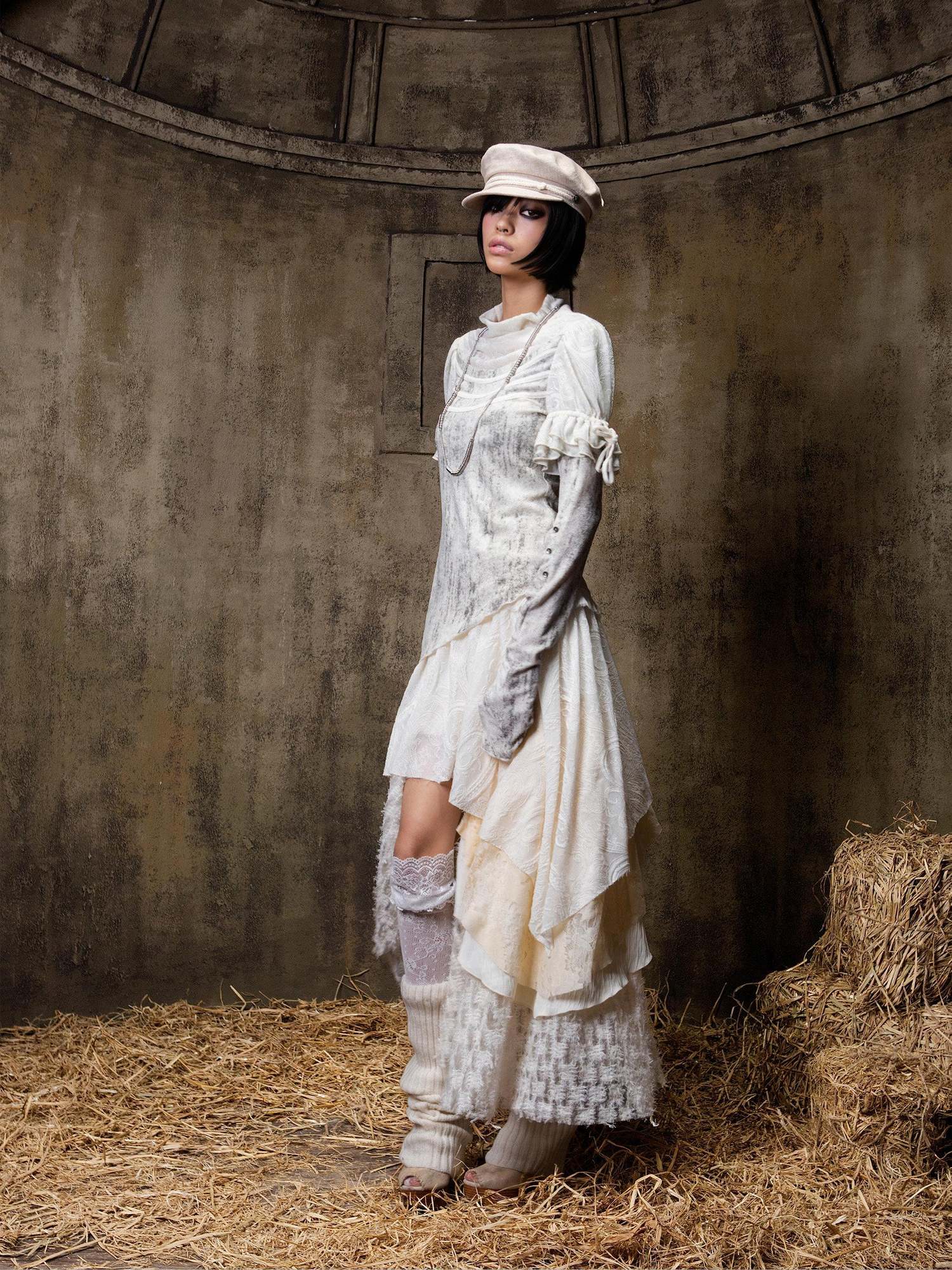 ARIADNAw Elegant Court Style Faux Two Piece Long Sleeve Pullover Women Beige Black T-Shirt