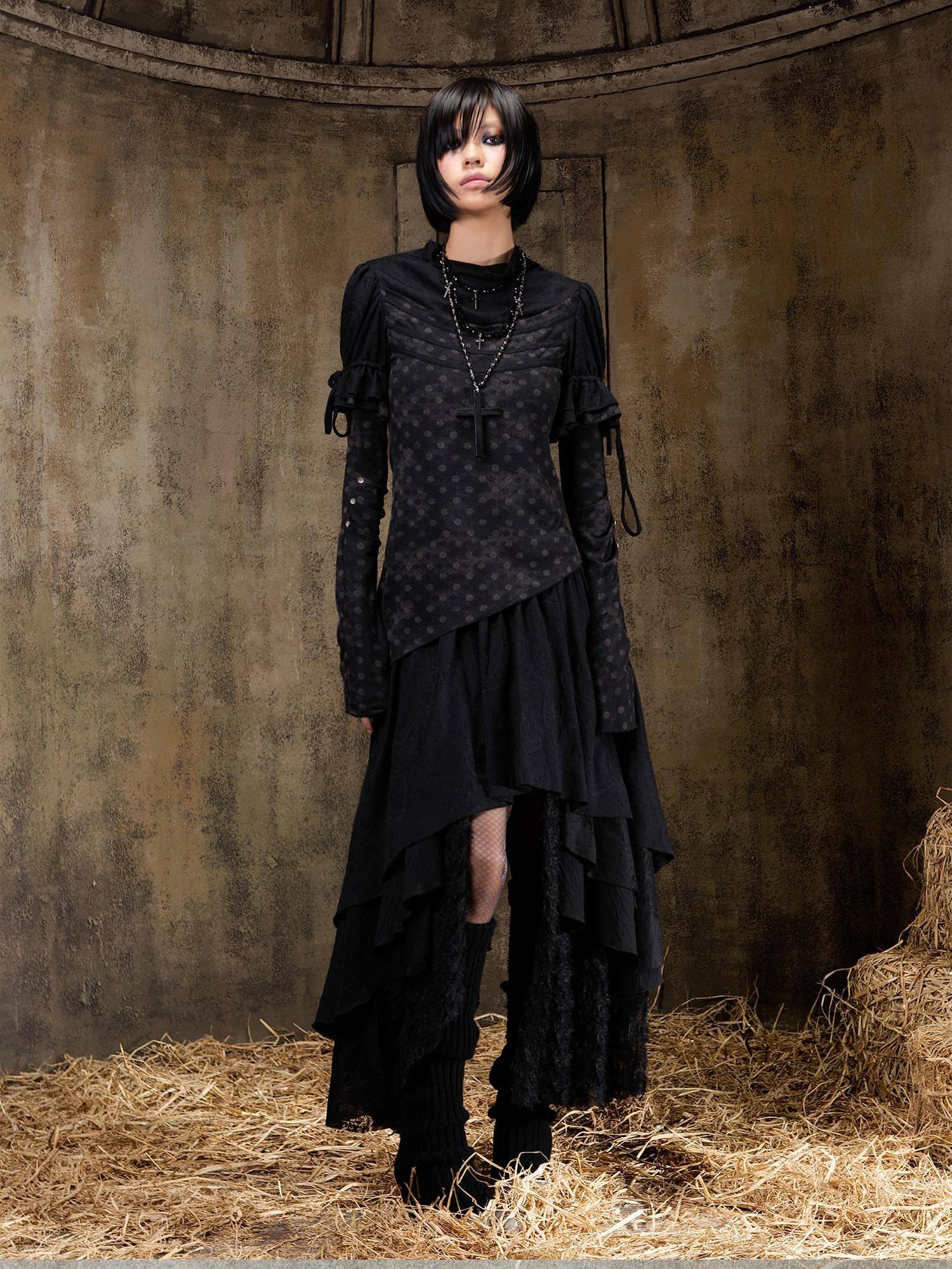 ARIADNAw Elegant Court Style Faux Two Piece Long Sleeve Pullover Women Beige Black T-Shirt