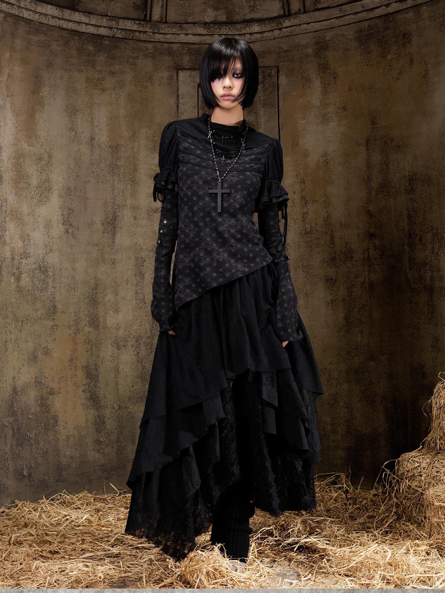 ARIADNAw Elegant Court Style Faux Two Piece Long Sleeve Pullover Women Beige Black T-Shirt