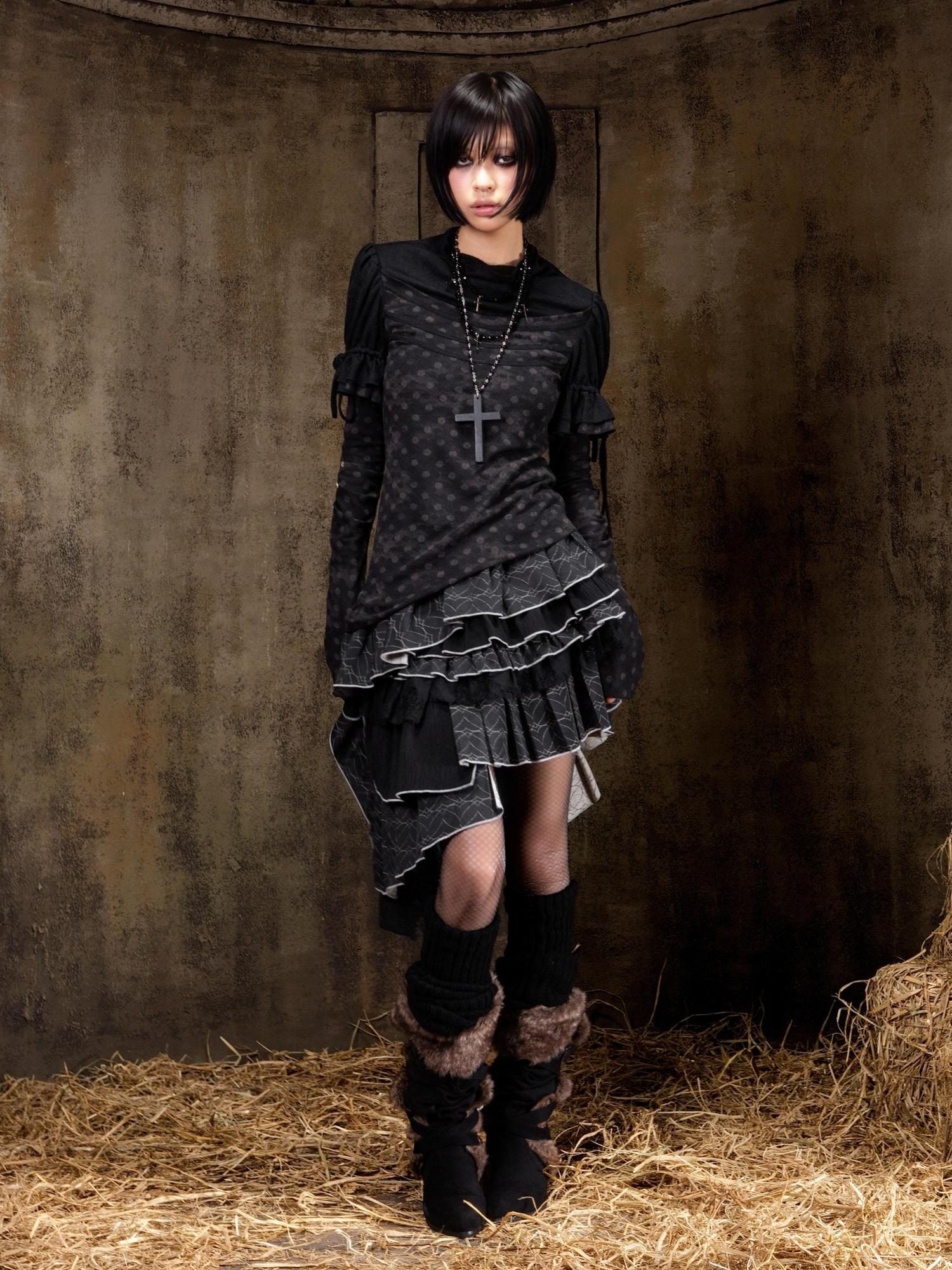 ARIADNAw Elegant Court Style Faux Two Piece Long Sleeve Pullover Women Beige Black T-Shirt