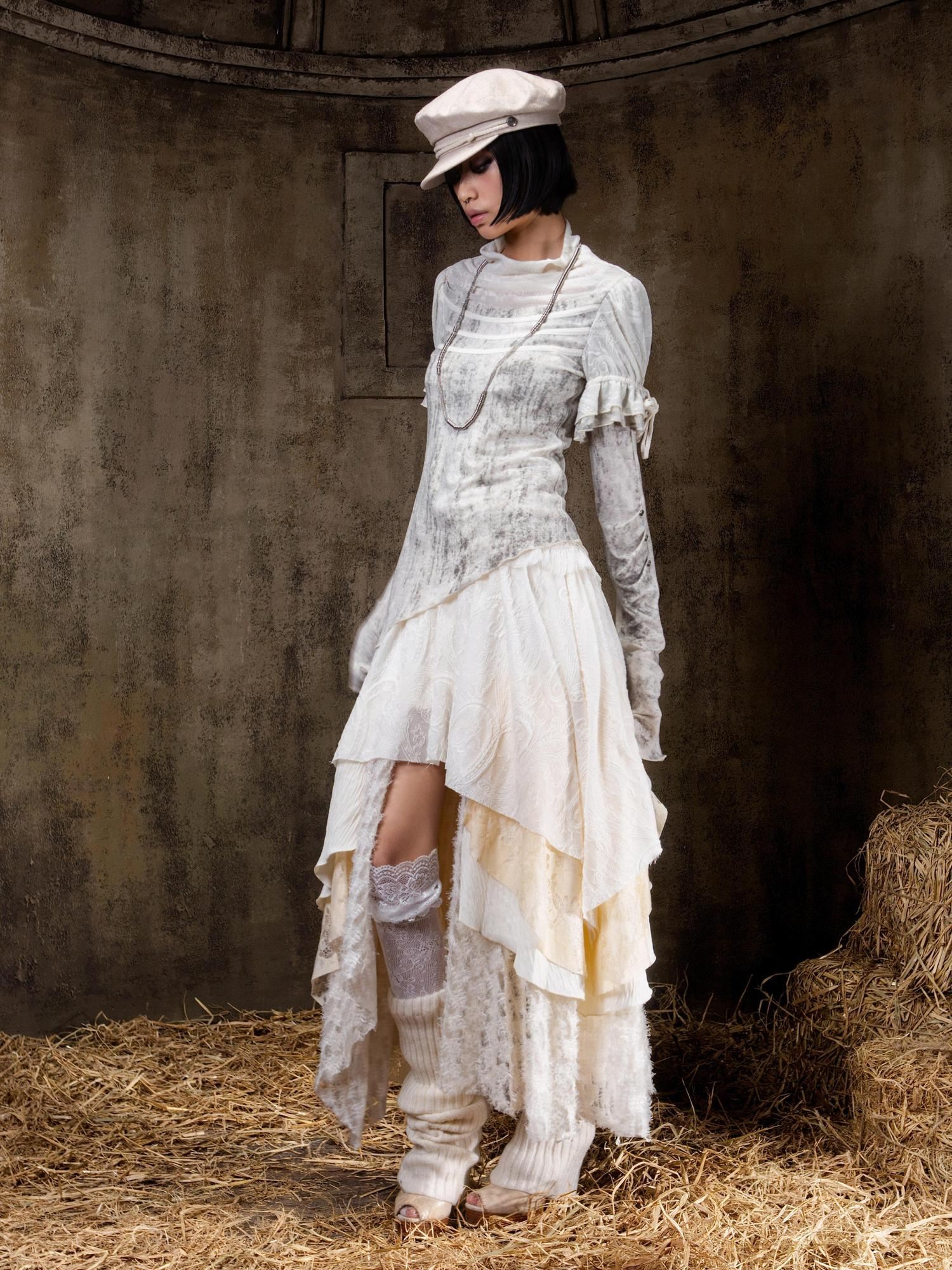 ARIADNAw Elegant Court Style Faux Two Piece Long Sleeve Pullover Women Beige Black T-Shirt