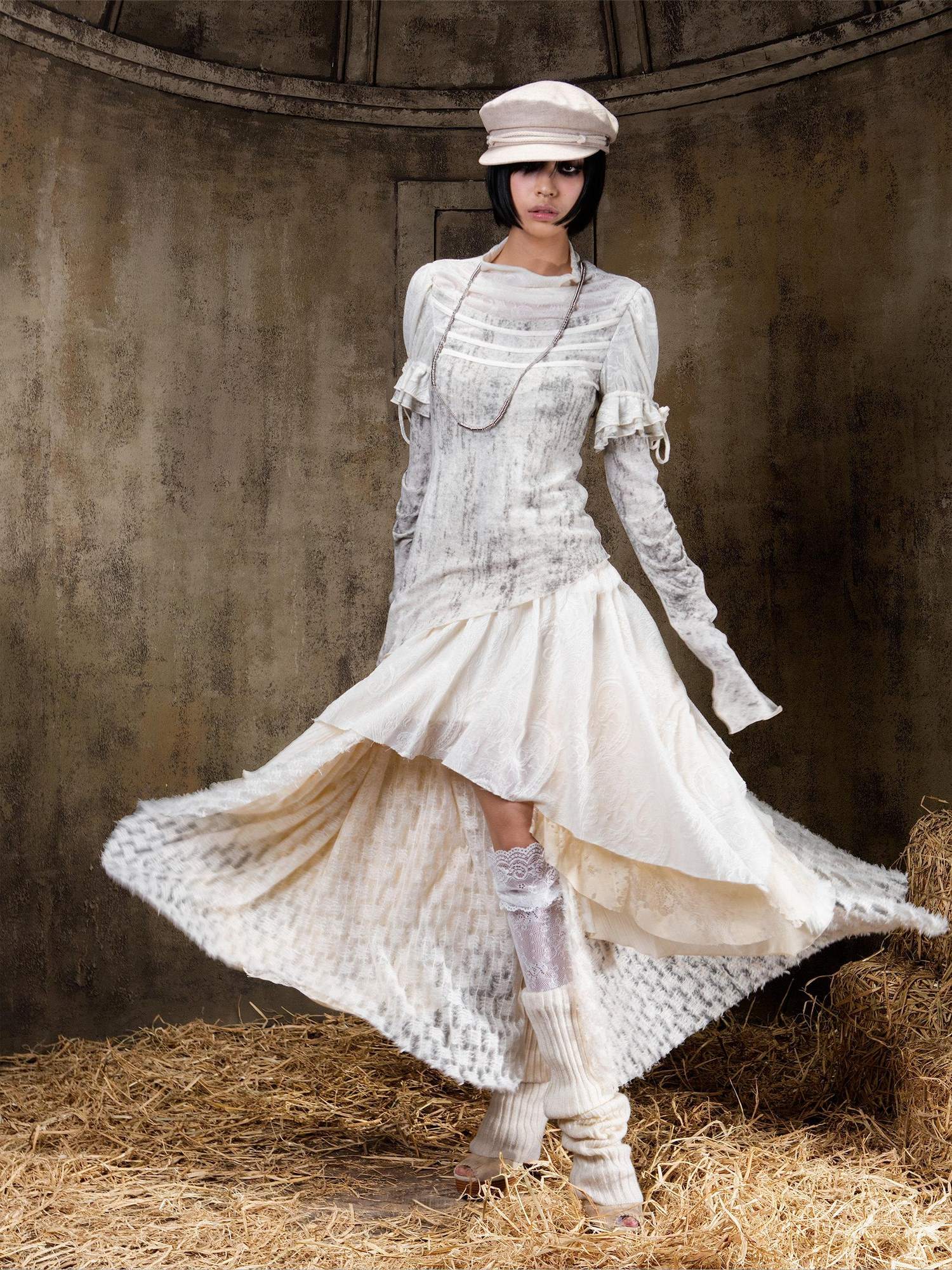 ARIADNAw Elegant Court Style Faux Two Piece Long Sleeve Pullover Women Beige Black T-Shirt