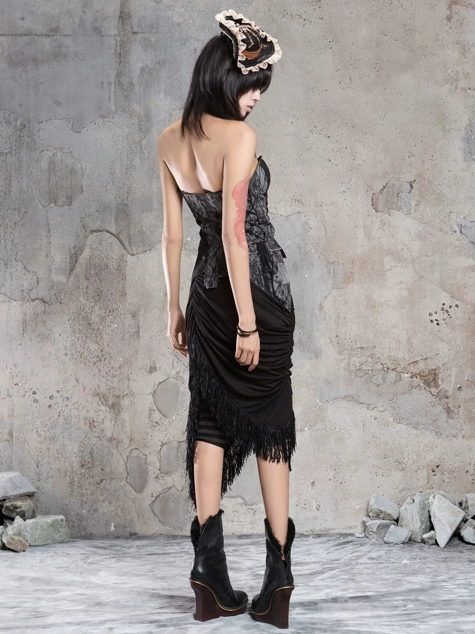 ARIADNAw Gothic Asymmetrical Knit Paneled Drawstring Skirt Skirt