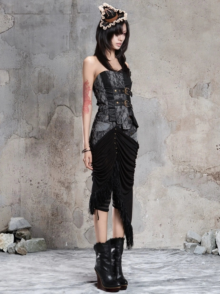 ARIADNAw Gothic Asymmetrical Knit Paneled Drawstring Skirt Skirt