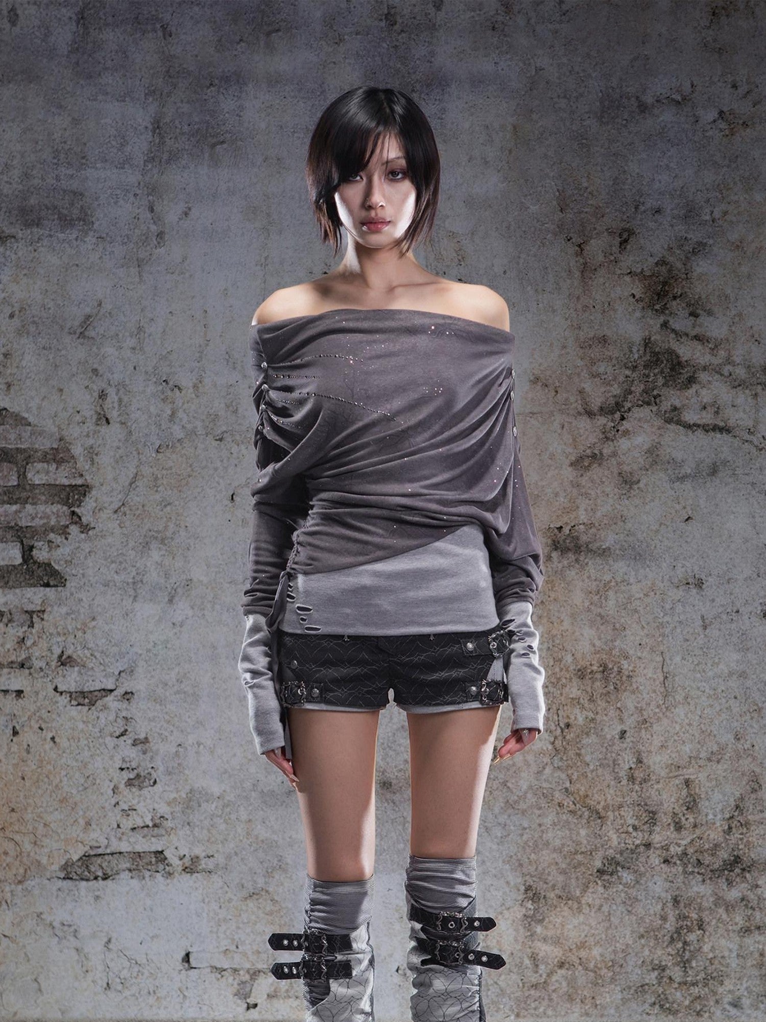 ARIADNAw Gray Purple Asymmetric One Shoulder Stretch Women&