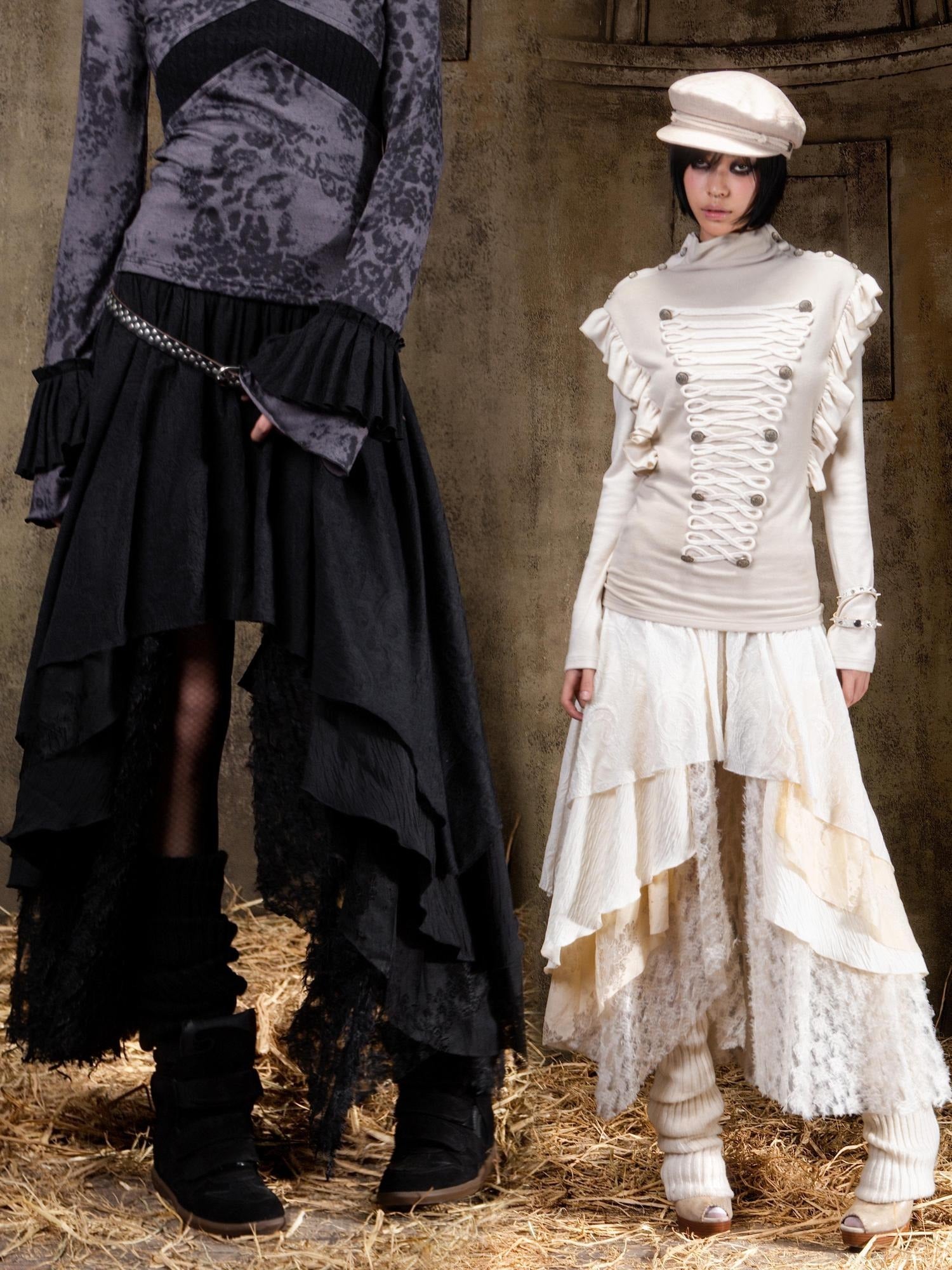 ARIADNAw Layered Gothic Aline Patchwork Midrise Black Beige Midi Skirt